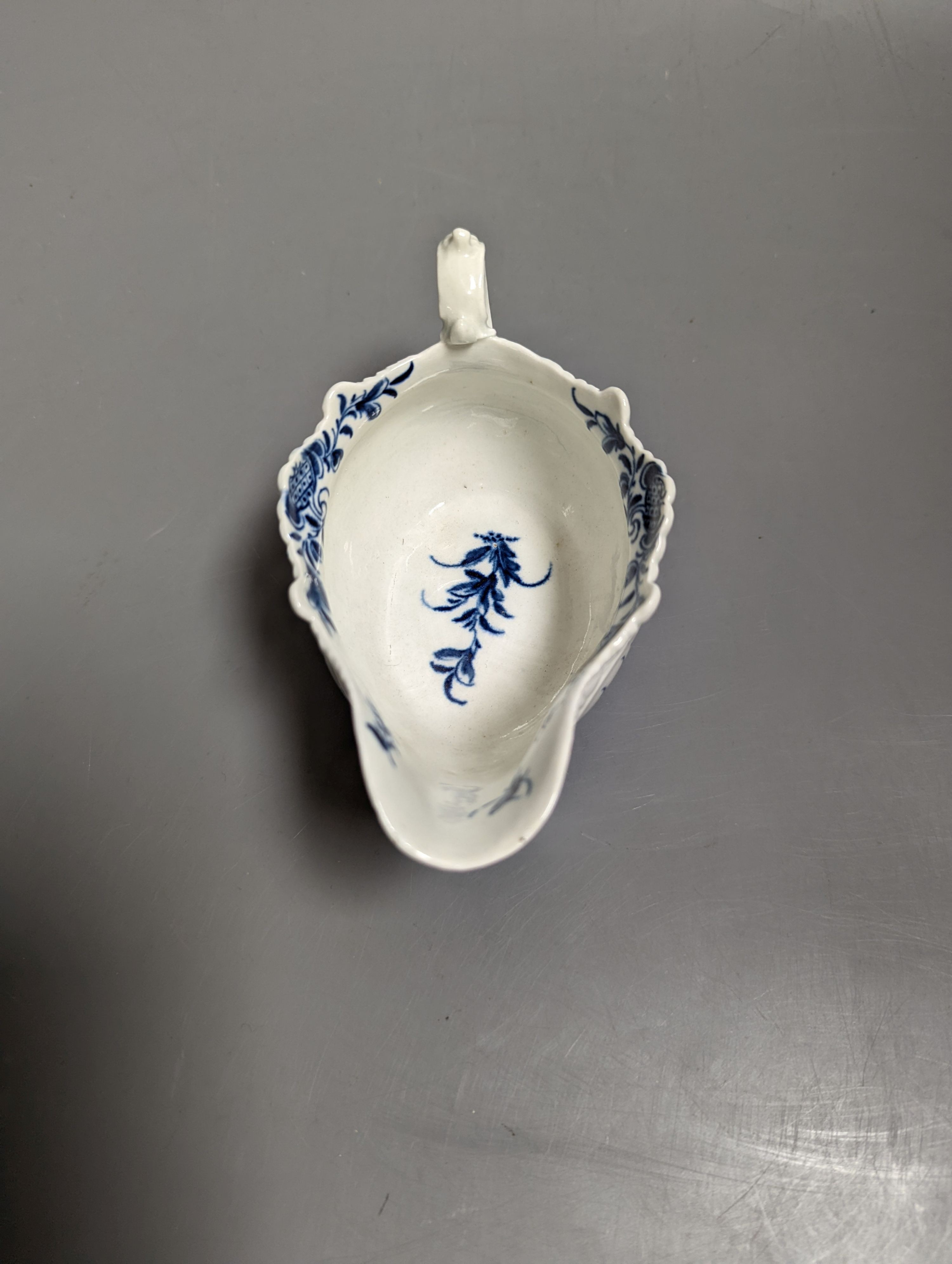A small Worcester creamboat well painted with the Two Porter Landscape, c.1765, 6cms high
